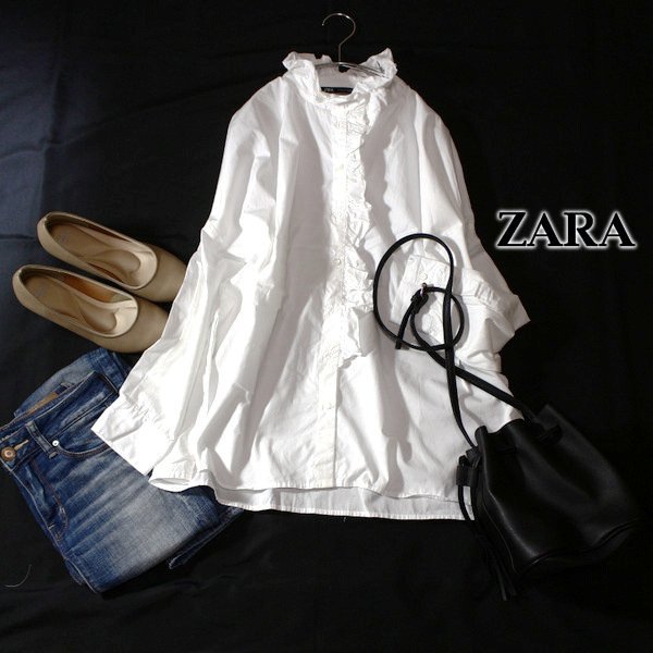 美品 ザラ ZARA ゆったり可愛い オーバーサイズ コットン フリル ロングシャツ S 春 夏 24D02_画像1
