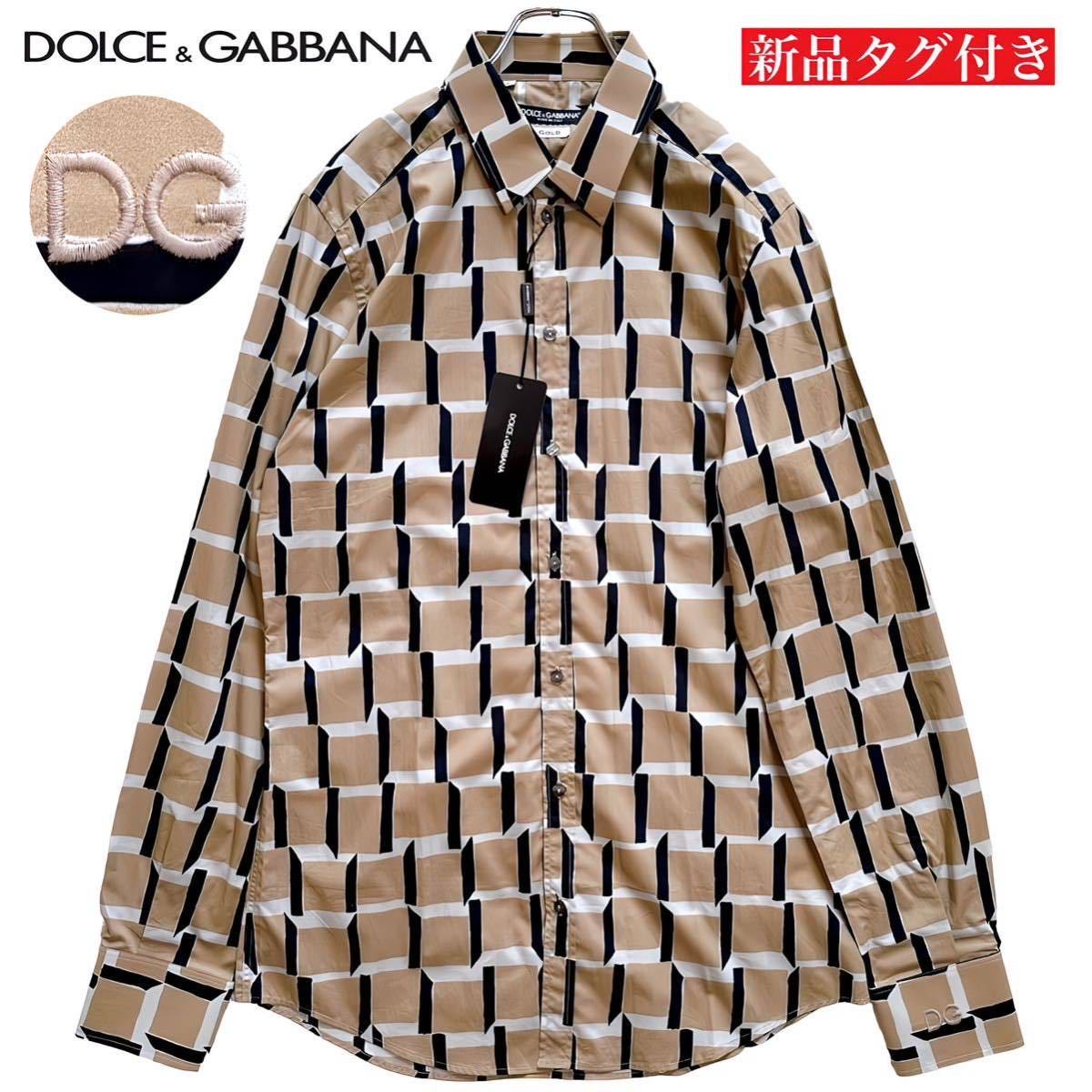 新品タグ付き★ Lサイズ★ DOLCE & GABBANA ドルチェアンドガッパーナ 長袖シャツ ドレスシャツ ワイシャツ 総柄 黒タグ 刺繍ロゴ