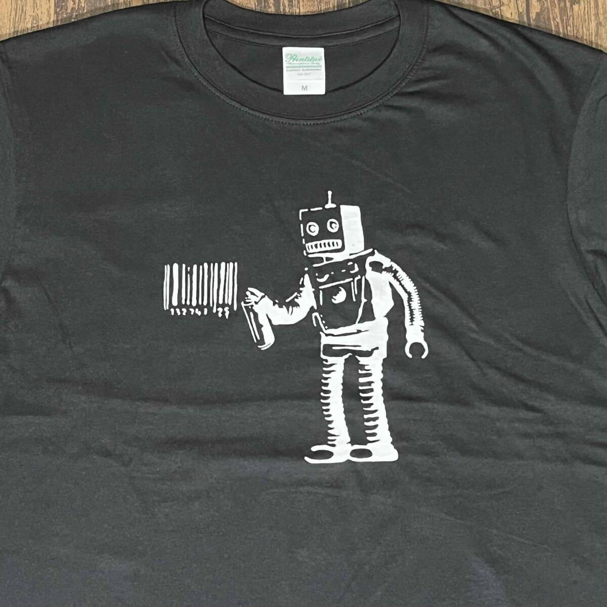 バンクシー・ロボットバーコード・プリントTシャツ・黒・XL_画像2