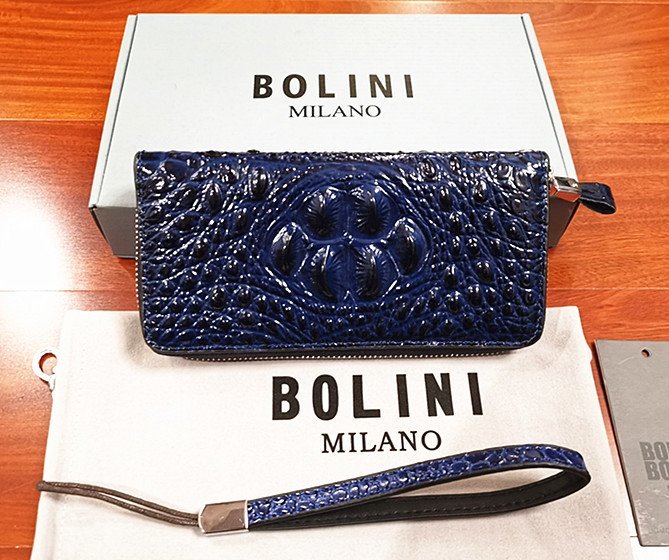 逸品*イタリア製※定価15万◆イタリア・ミラノ発*BOLINI/ボリニ・最上級牛革・クロコダイル*ラウンドファスナー 長財布・紺_画像1