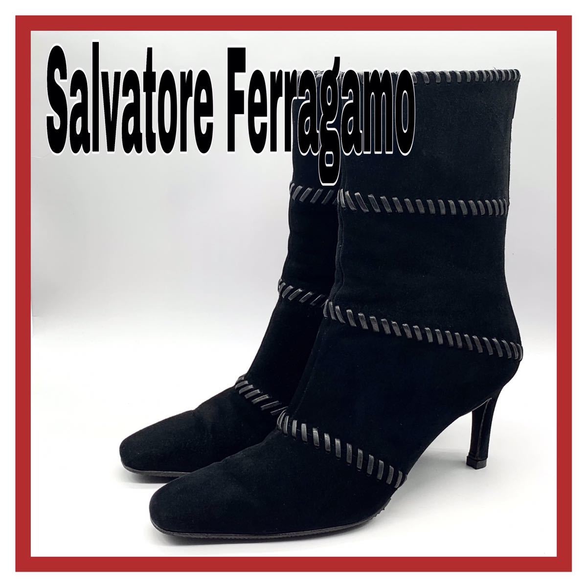 レディース Salvatore Ferragamo (サルヴァトーレフェラガモ) ショートブーツ バックジップ スエード ブラック 黒 US6 23.5cm シューズ_画像1