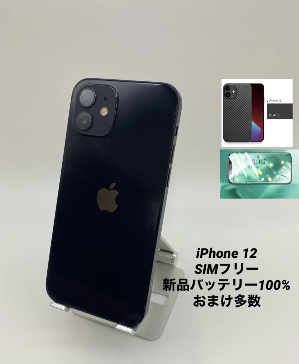 iPhone12 256GB ブラック/シムフリー/新品バッテリー100%/極薄ケース＆ブルーライトカット保護フィルムプレゼント12-060