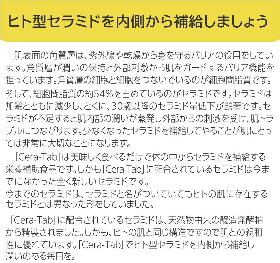 世界初！ 天然ヒト型セラミド 入り Cera-Tab セラタブ セラミド タブレット ゆず風味 180粒入 30日分 スフィンゴミエリン マルチビタミン_画像6