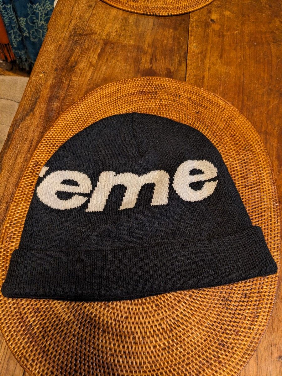 《美品》Supreme/シュプリーム 12AW Reflective BIG LOGO Beanie BLACK/WHITE文字