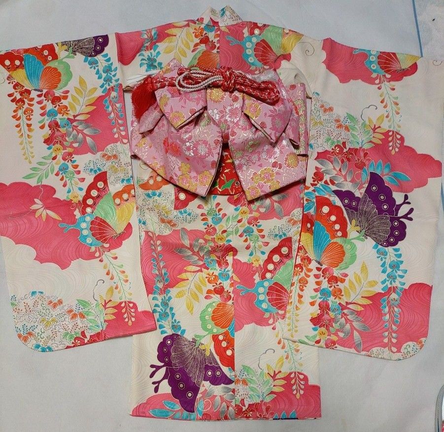 3歳-7歳小柄さん七五三祝着物正絹フルセットアンティーク蝶々作り帯はこせこ