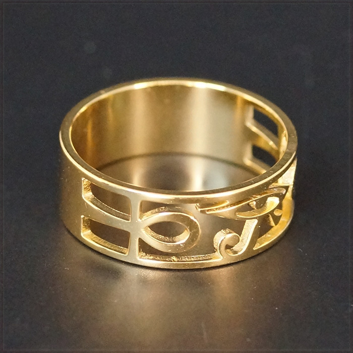 [RING] 18K Gold Plated 古代 エジプト ホルスの目 ラーの目 アンク 十字架 クロス デザイン 8mm ワイド フラット ゴールド リング 15号_画像7