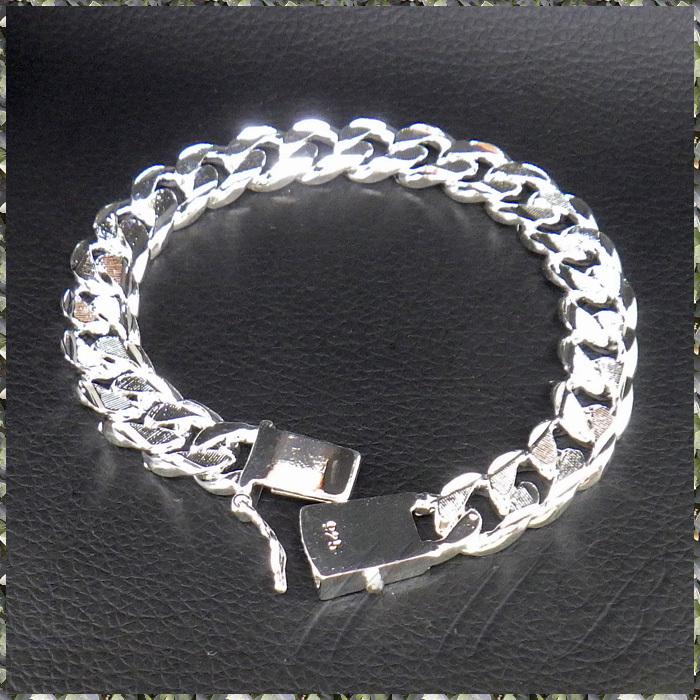 [BRACELET] 925 Sterling Silver Plated シルバー スクエア ロック 喜平チェーン センター削り ブレスレット 10x198mm (29.5g)_画像1