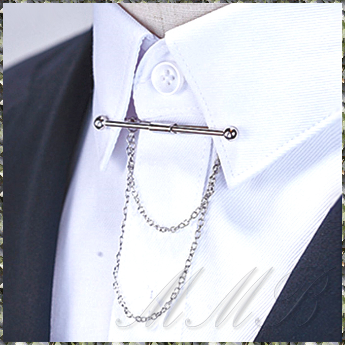 [Shirt Collar Clip] Silver Bar & Chain スタイリッシュ ダブルチェーン Yシャツ カラー クリップ 襟留め えり押さえ 6cm シルバーピン_画像1
