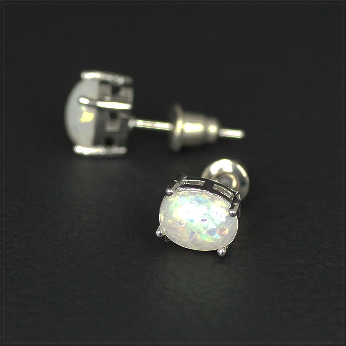 [EARRING] Oval White Opal ホワイト ファイア プレシャス オパール 7.7mm オーバル ストーン スタッド ピアス 【送料無料】_画像3