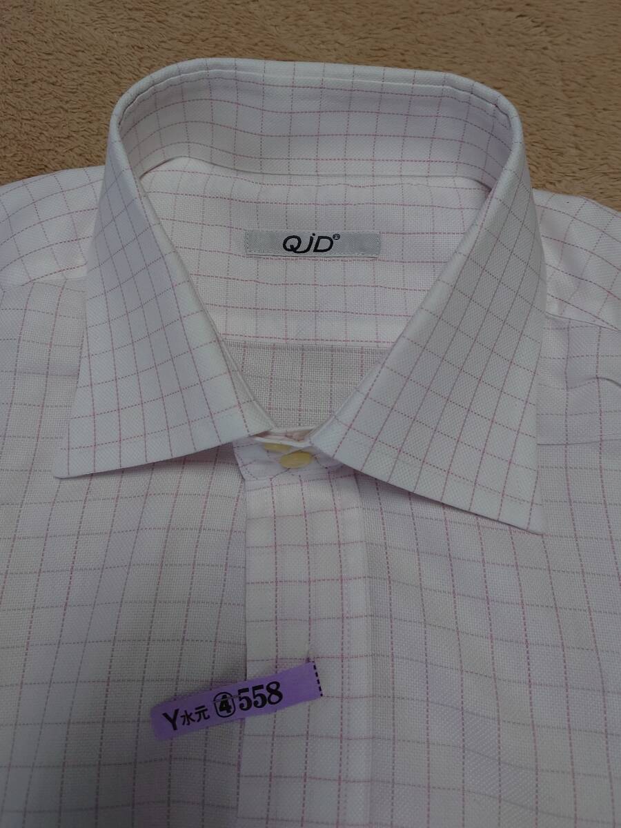 良品！★イタリアのシャツメーカーQJD クイード ワイドカラーシャツ グラフチェック 綺麗な白×ピンク サイズ42 横幅大の画像1