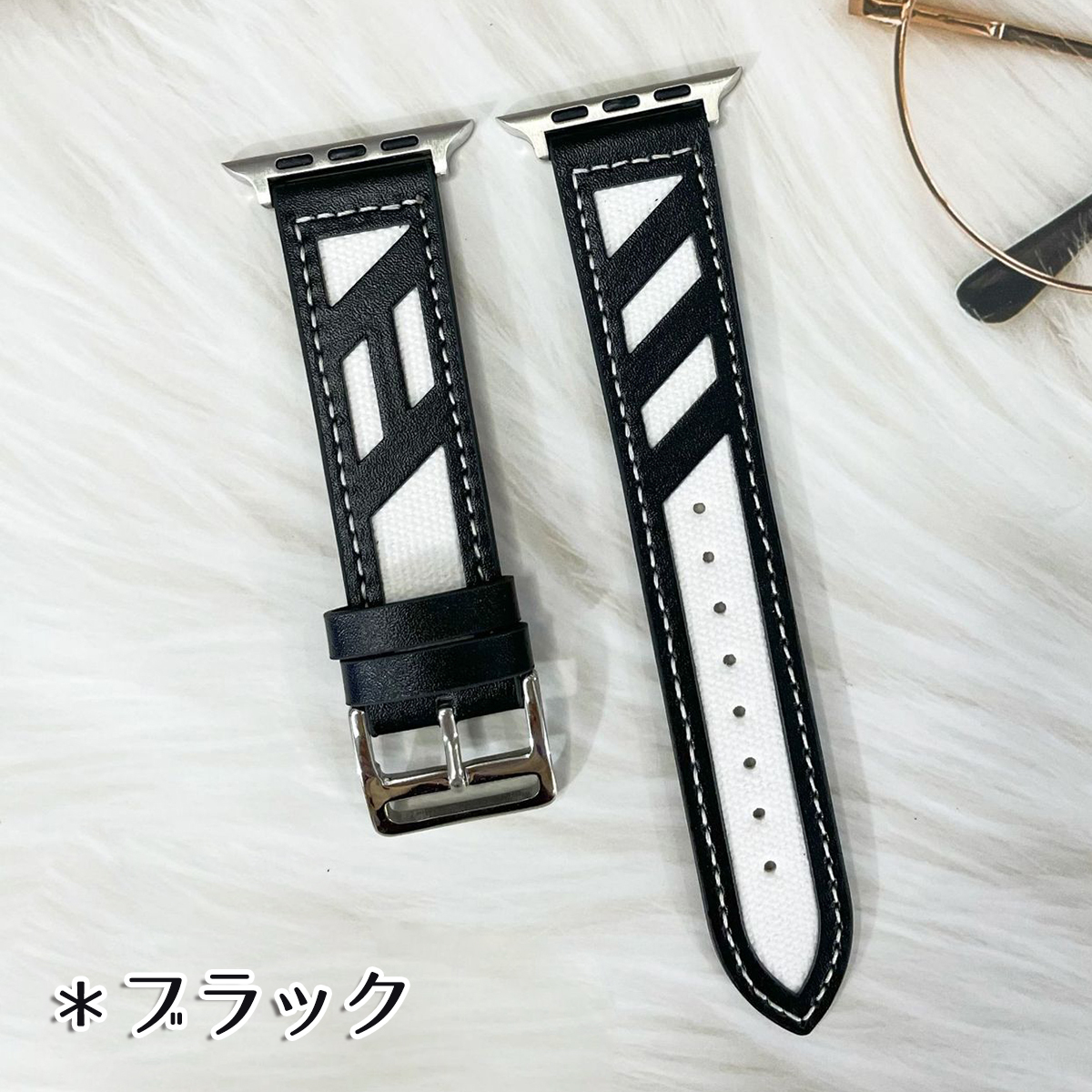 【AFP】アップルウォッチ バンド ベルト 帆布 本革 レザー ブラック 38mm/40mm/41mm　交換ベルト apple watch apwatchband5-38bk_画像2