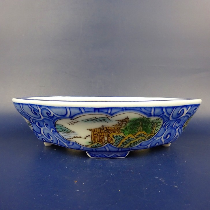 盆栽鉢 は二わ オリジナル鉢 小型 長辺 約15.5cm 木瓜鉢 色絵 風景画 現品 新品 鉢
