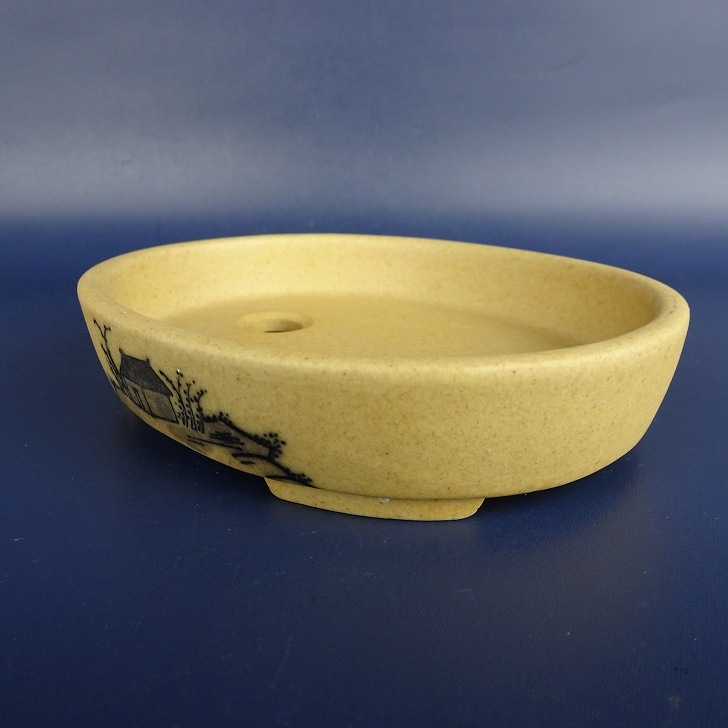 【中古】盆栽鉢 丸藤 小型 長辺 約12cm 楕円鉢 墨絵 山水図 観賞用 現品 中古鉢の画像3