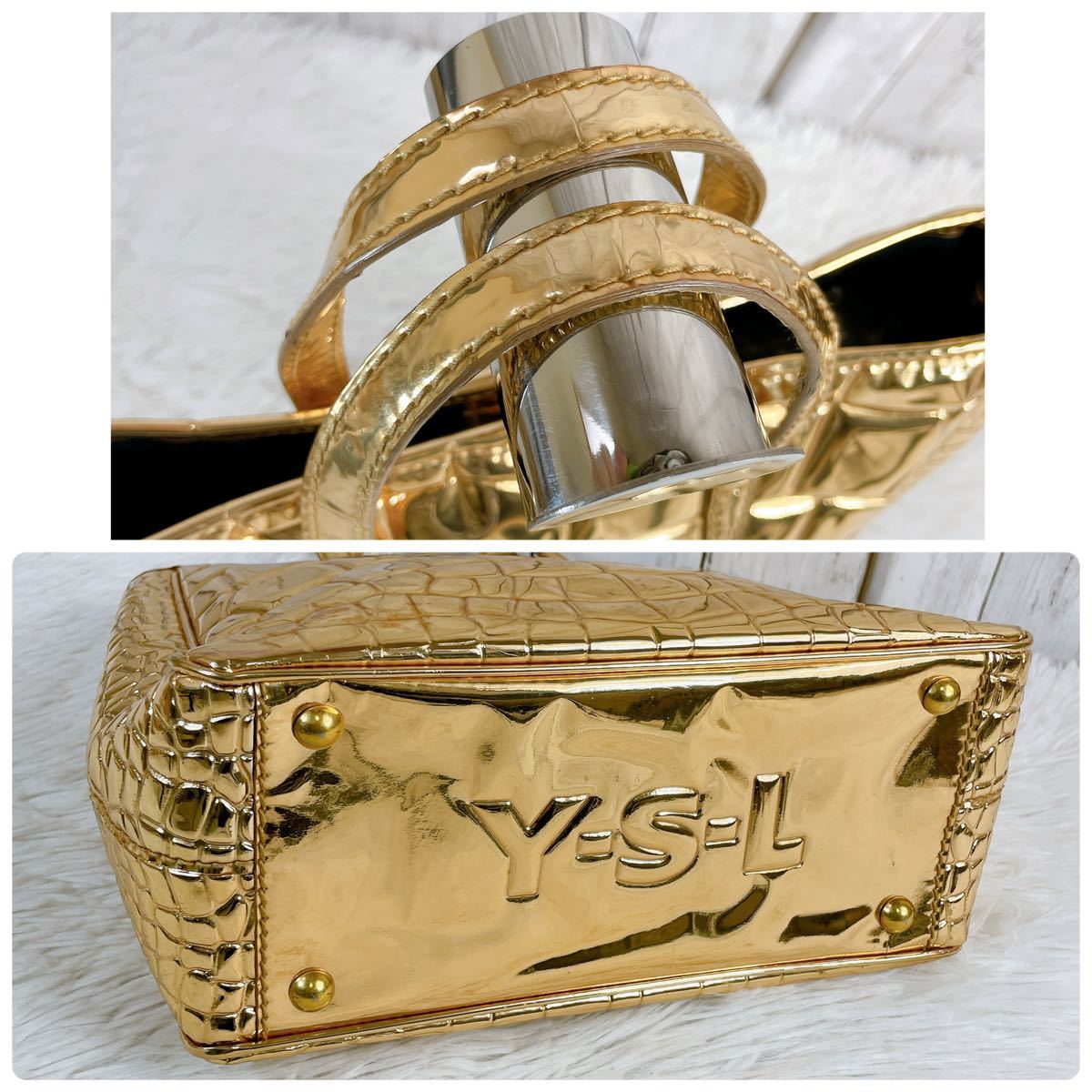YSL イヴサンローラン バッグ ハンドバッグ クロコ型押し ゴールド YSL イヴサンローラン バッグ ハンドバッグ クロコ型押し ゴールド