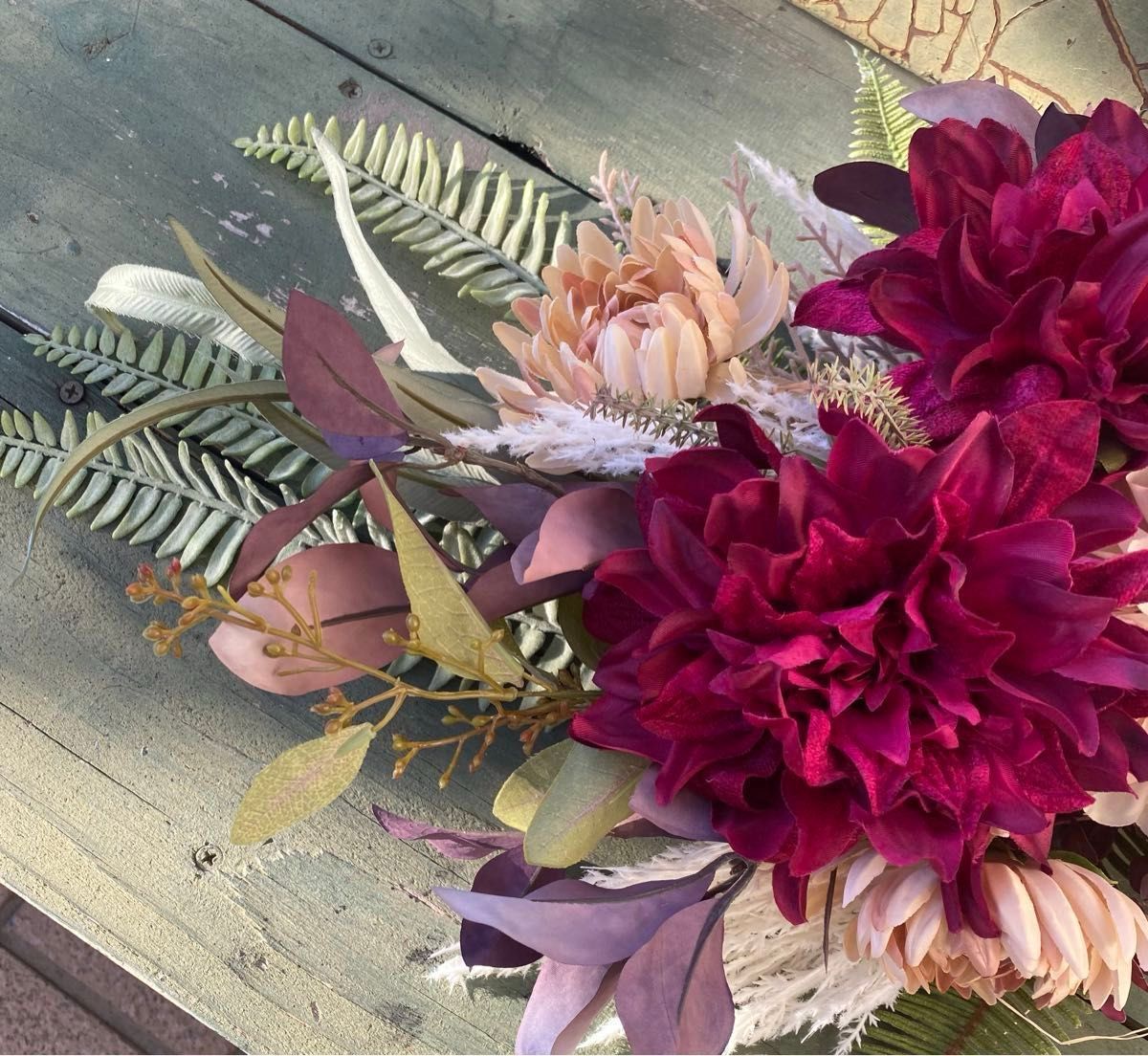 スワッグ　花束　アーティフィシャルフラワー　フェイクグリーン　造花　濃いピンク　ダリア　壁掛け　インテリア雑貨　28