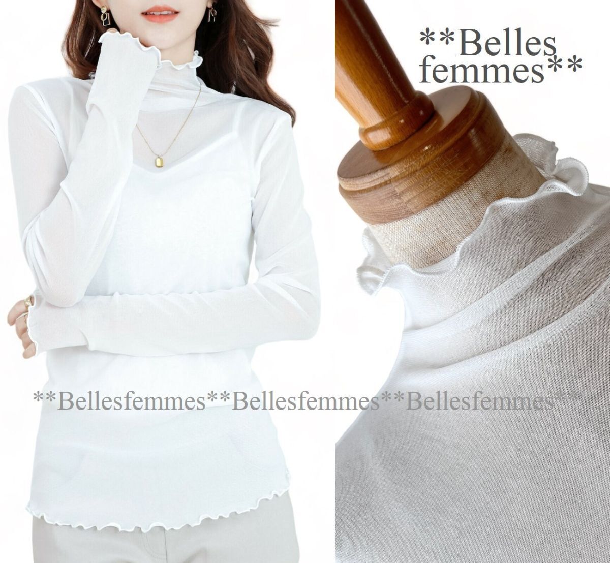 ★Belles*★新品*送料185円*コーデに華やかなアクセント*メロウフリル*カットソーブラウス*インナー*385オフホワイト*M～L*TRUBE*_画像1