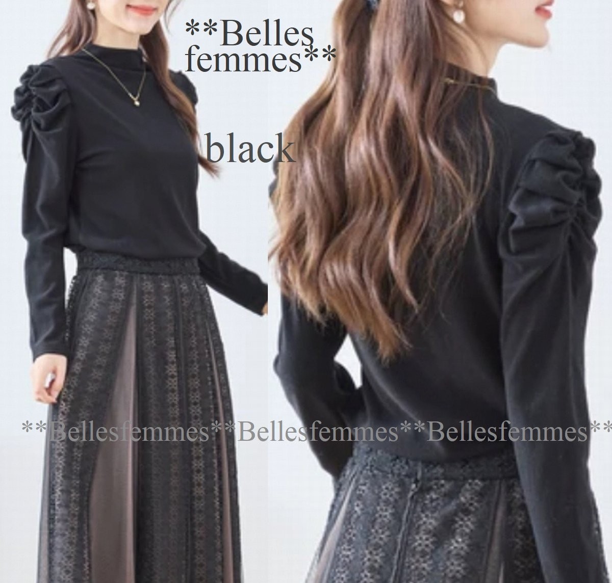 ★Belles*★送料185円★新品★*ブラック*ギャザースリーブ*起毛プルオーバー*柔らかで上品な印象*ジャンスカやフレアスカートに*1478M～L*_画像1