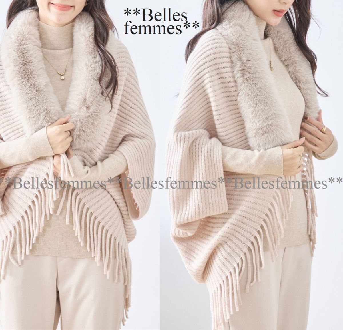 ★Belles*★送料185円★新品★大人可愛く華やか*フェイクファー*モモンガ*ニットカーディガン*お洒落に体型カバー490ベージュ*M～L*TRUBE_画像1