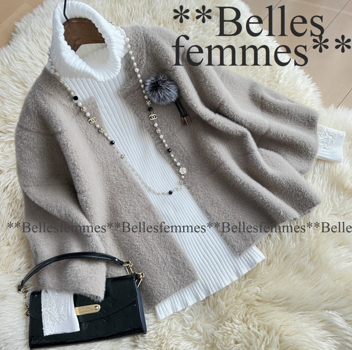 ★Belles*★春アウター*上品マダム*ファーブローチ付*暖かウール混*ふわふわシャギー*ポワン袖*ニットカーディガン*119Aベージュ*新品*M~L_画像1