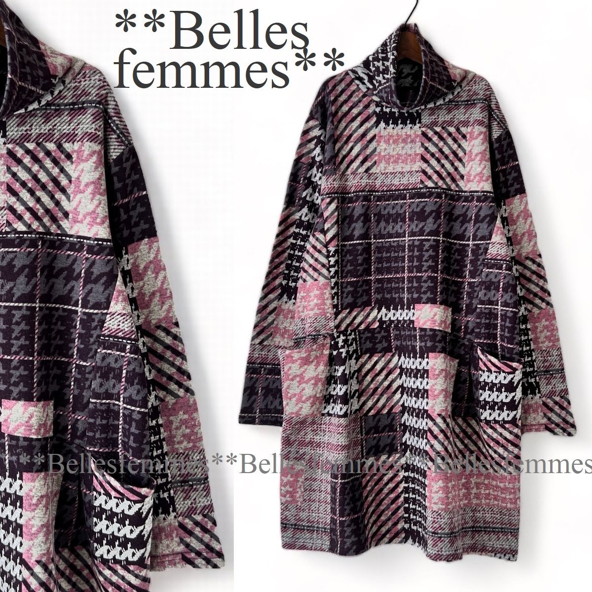 ★Belles*★新品★*暖か裏起毛*オフタートル千鳥/チェック*たっぷり長め丈チュニック*チュニックワンピ23508*ピンク*送料185円★M～L*_画像1