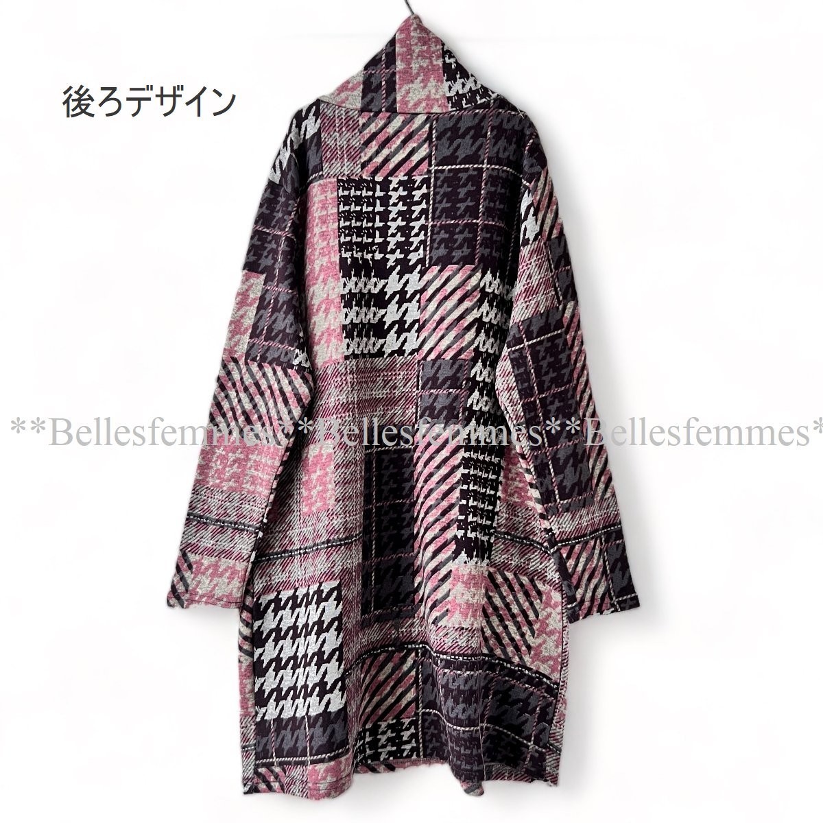 ★Belles*★新品★*暖か裏起毛*オフタートル千鳥/チェック*たっぷり長め丈チュニック*チュニックワンピ23508*ピンク*送料185円★M～L*_画像6