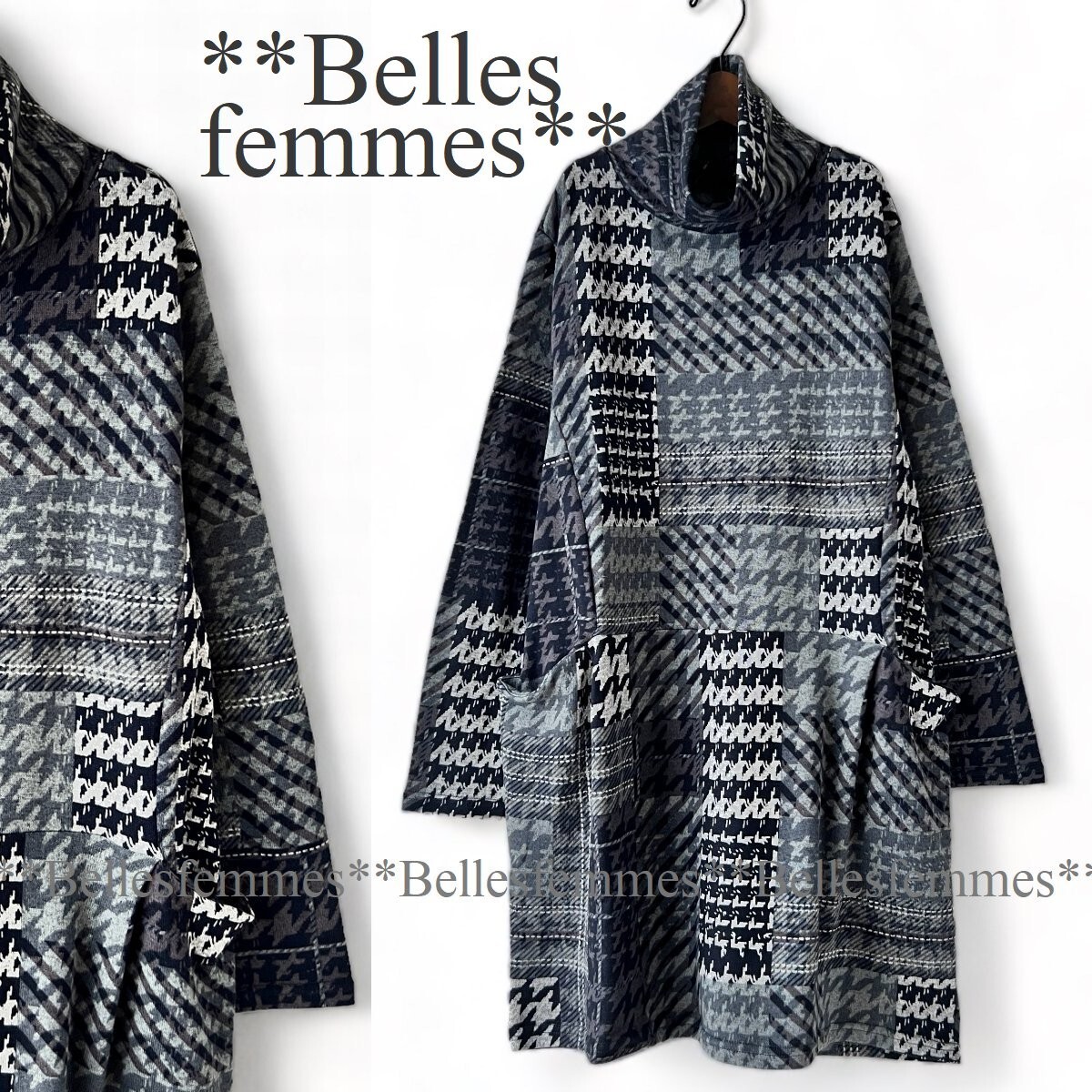 ★Belles*★新品★*暖か裏起毛*オフタートル千鳥/チェック*たっぷり長め丈チュニック*チュニックワンピ23508*グレー*送料185円★M～L*_画像1