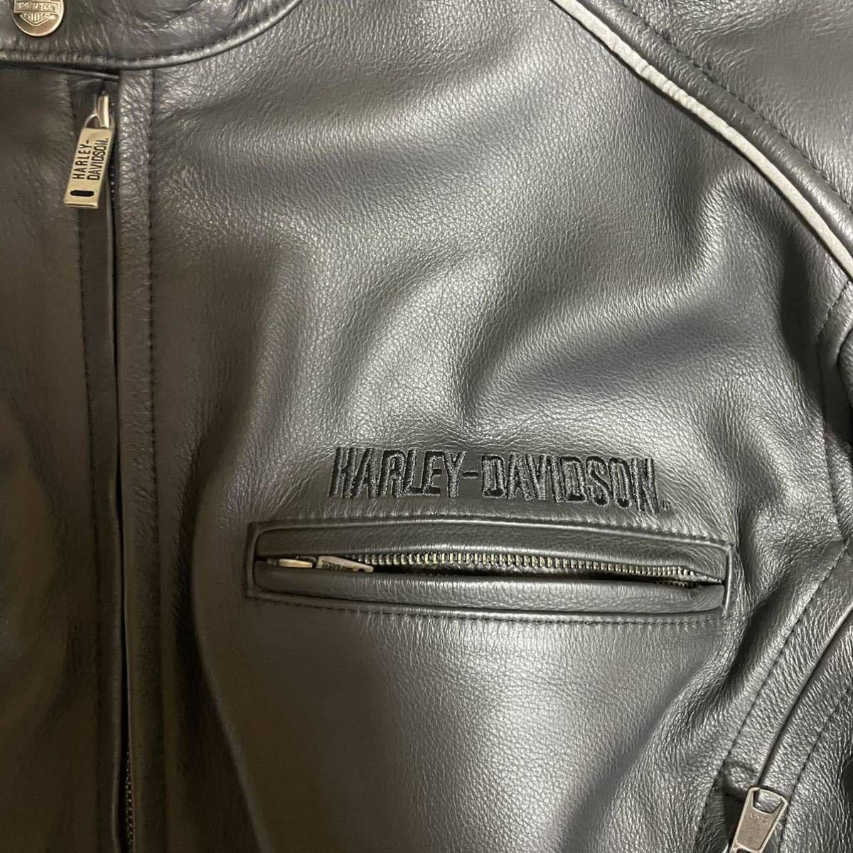 極美品 XL ●ハーレーダビットソン Harley Davidson ライダース レザージャケット 本革 刺繍 バイク ブラック 黒 アメリカン シングル_画像4