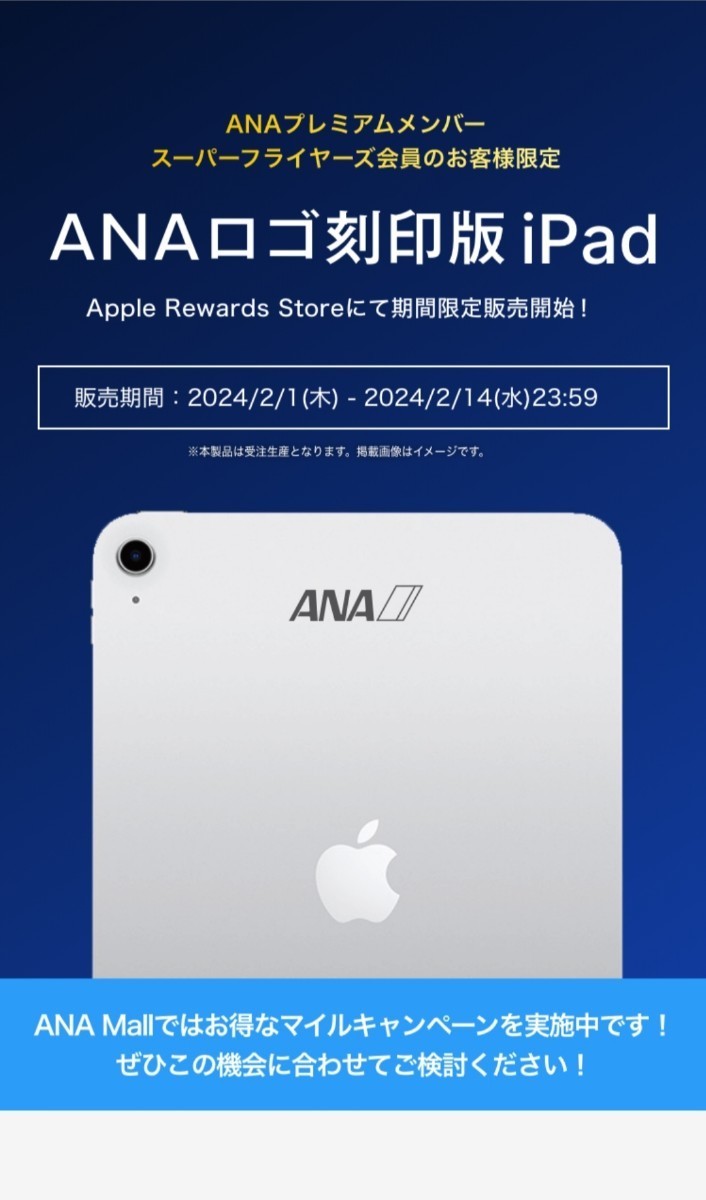ANAロゴ刻印 限定 iPad 9世代 10 2インチ 64GB Wi-Fiモデル ANAロゴ刻印 限定 iPad 9世代 10 2インチ 64GB Wi-Fiモデル