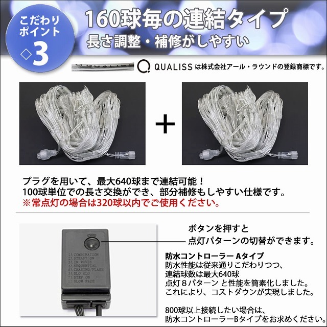 クリスマス 防滴 イルミネーション ネット ライト 網状 電飾 LED 480球 (160球×3組) ブルー 青 ７種類点滅 Ａコントローラセット_画像6