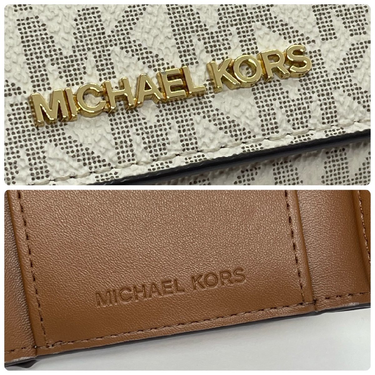 USED MICHAEL KORS マイケルコース 三つ折り財布 コンパクトウォレット 35T2GTVE2B ホワイト×ブラウン系 レディース PVC MKロゴ_画像10