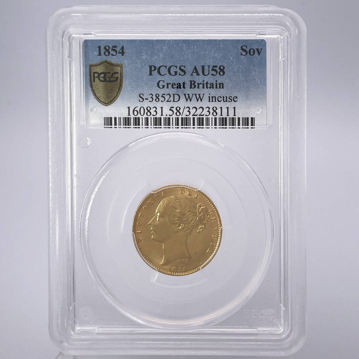 ★TOP5★ AU58 1854 ヤングヴィクトリア シールド イギリス 1ソブリン 金貨 PCGS アンティーク コイン 硬貨 世界コイン ロイヤルミントの画像4
