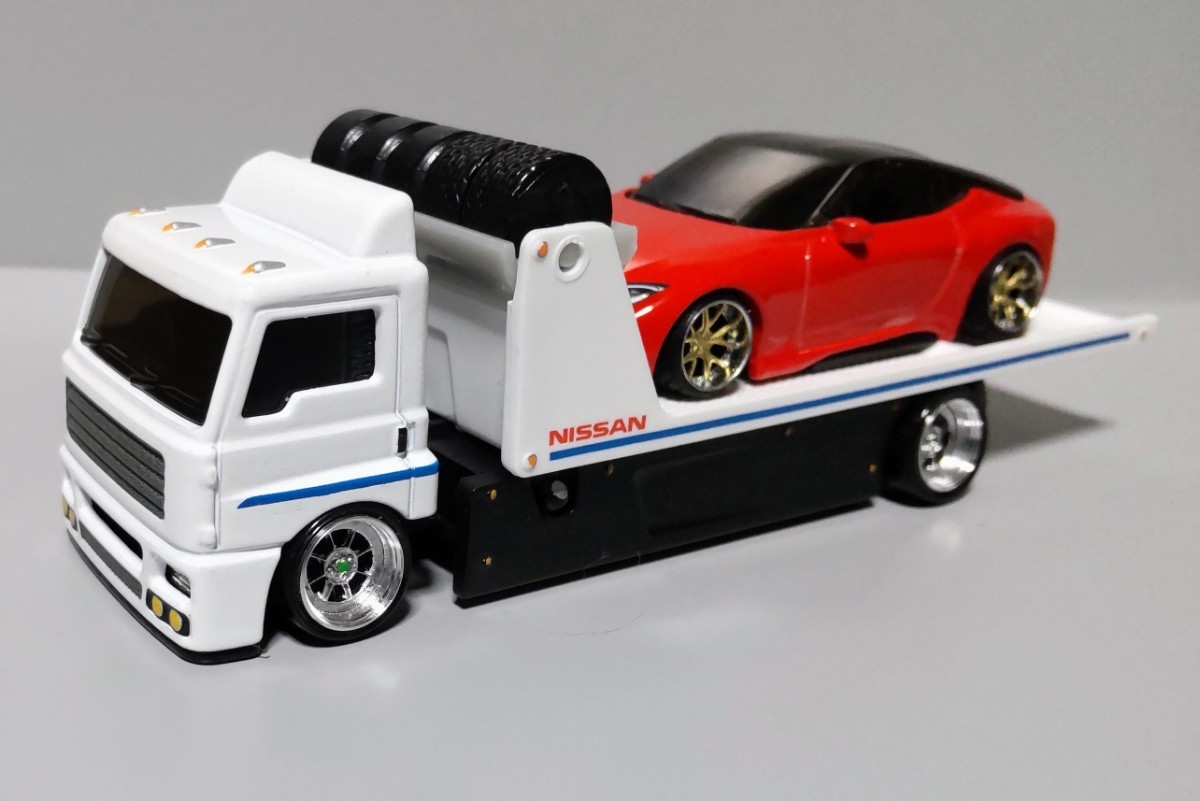 希少 日産 Z トレーラー 積載車 セット 改 フェアレディZ 深リム ハイパーフォージド ローダウン シャコタン カスタム 改造 JDM (1/64)_画像1