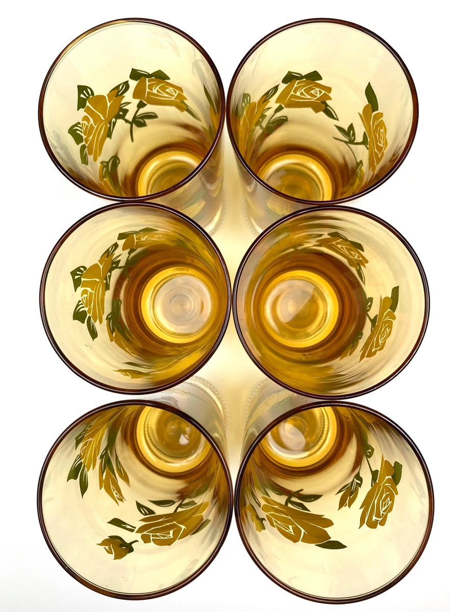 【昭和レトロ】グラス ADERIA アンバー ガラスコップ レトロポップ 脚付グラス 花柄 アンティークの画像6