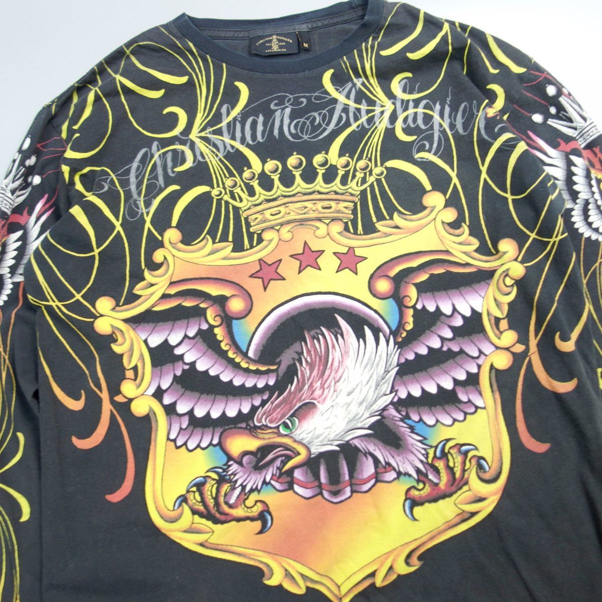 90s 00s y2k CHRISTIAN AUDIGIER クリスチャンオードジェー USA製 イーグル スカル総柄プリント長袖Tシャツ ロンT M メンズ_画像5