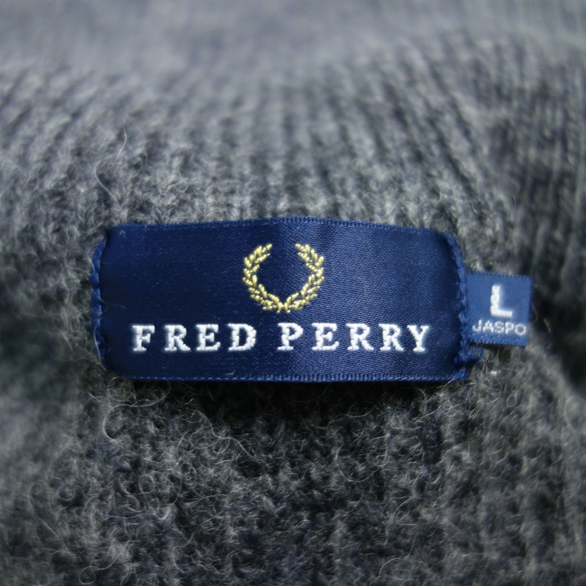 美品 FRED PERRY フレッドペリー ロゴ刺繍 ウール ハーフジップ ニット セーター グレー メンズ L_画像6