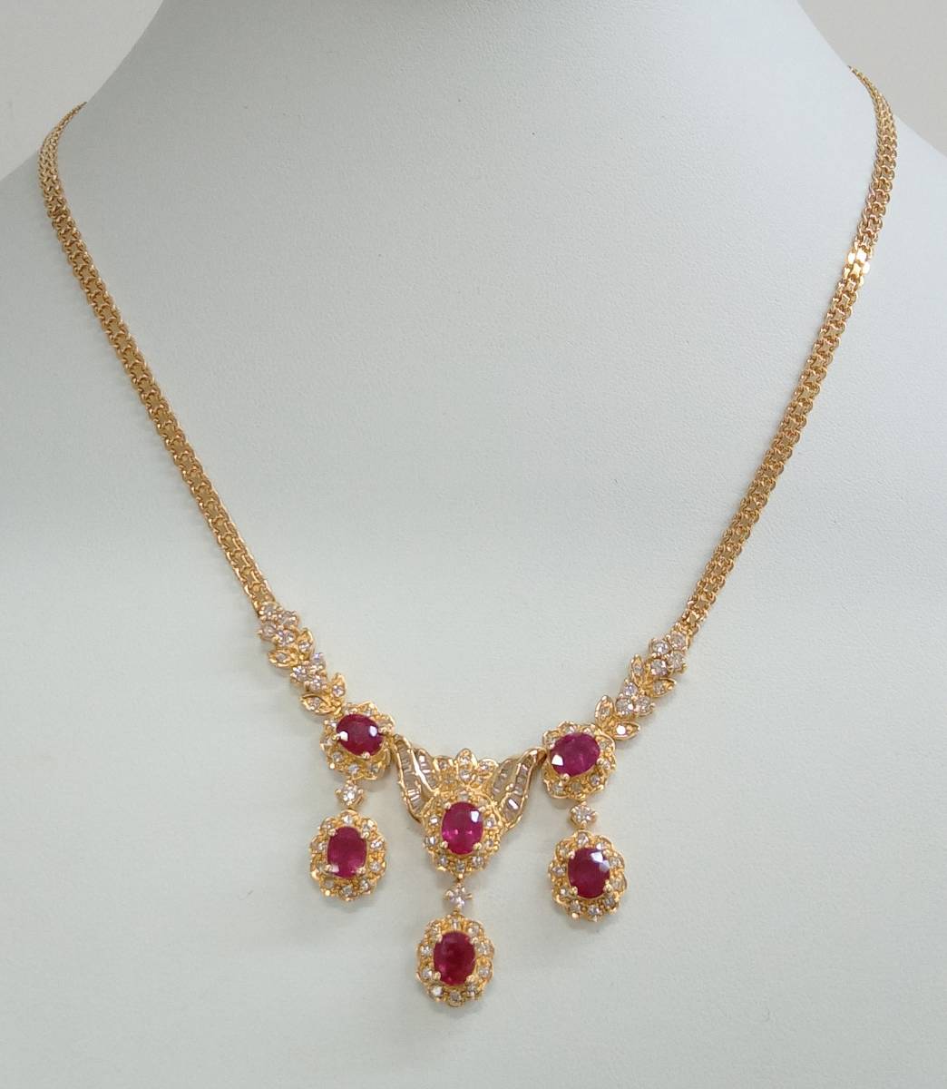印象のデザイン K18 天然ルビー 店舗受取可 ネックレス 45cm 1.92ct ダイヤ 6.01ct ルビー