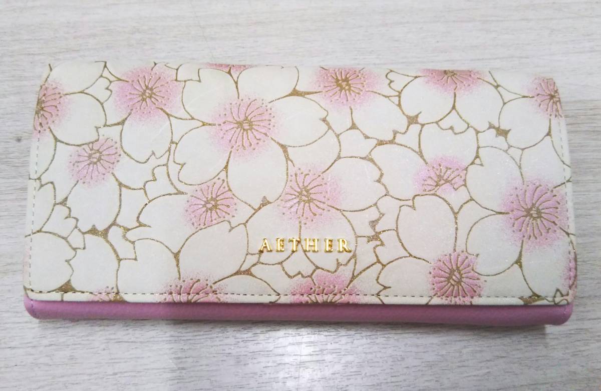 AETHER エーテル SAKURA サクラ 桜柄 ロゴプレートデザイン ピンク かぶせ 長財布