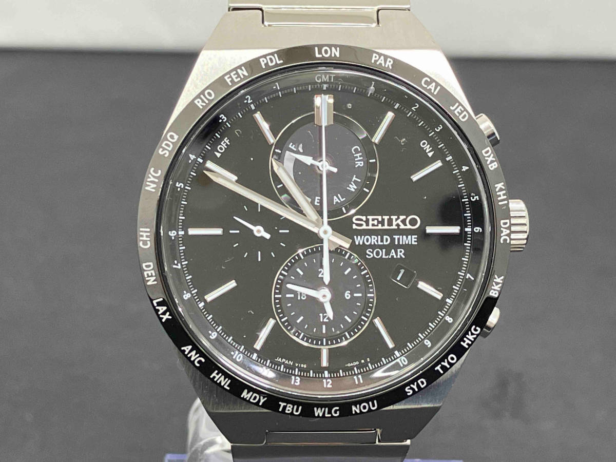 SEIKO セイコー V195-0AE0 WORLD TIME SOLAR 腕時計 時計 ウォッチ クロノグラフ ワールドタイム機能付き ブラック×シルバー ソーラー_画像2