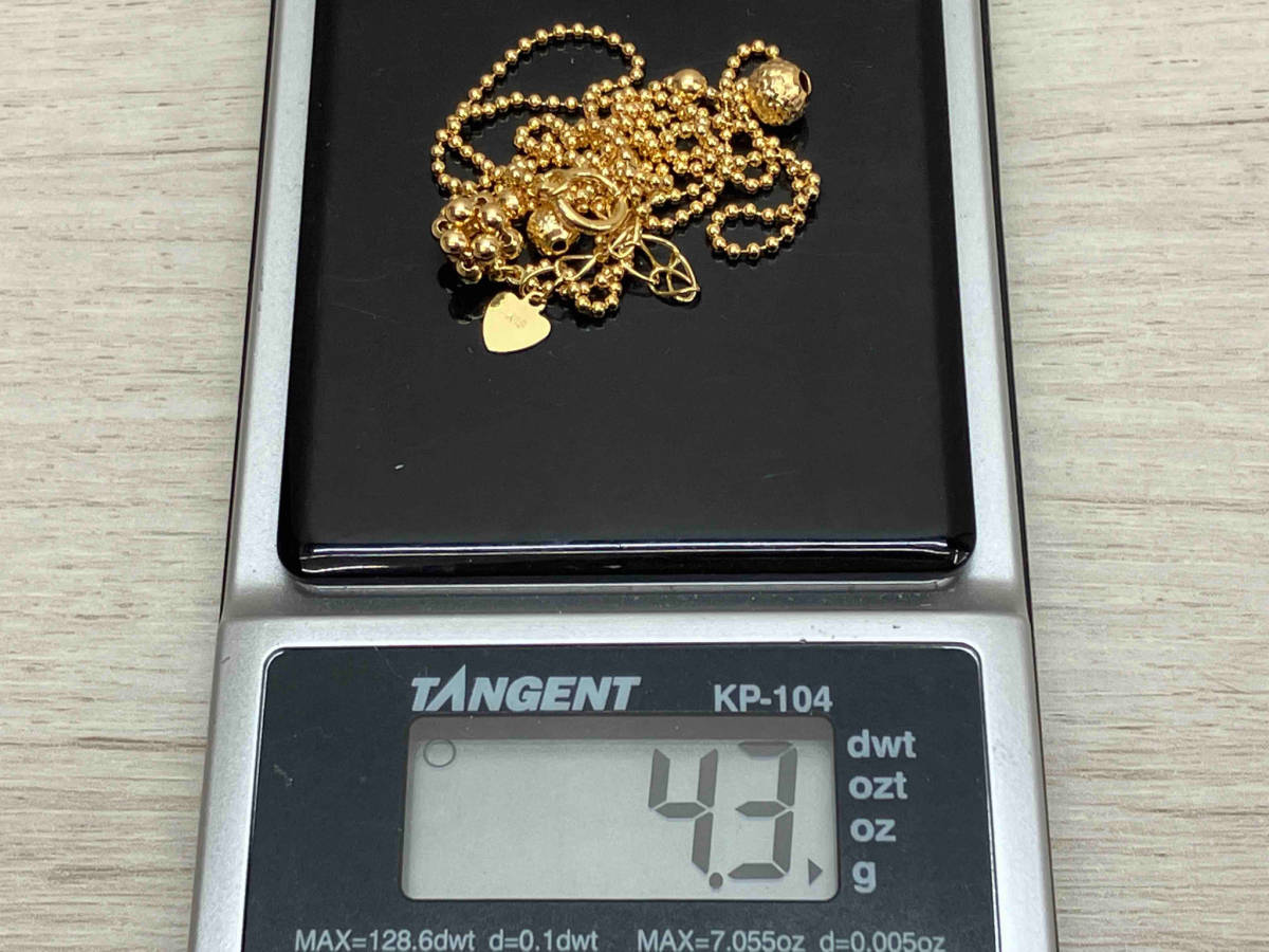 K18 ボールチェーン デザイントップ ネックレス チェーン全長 38＋4cm チェーン幅 0.1cm 総重量 4.3g 小キズあり