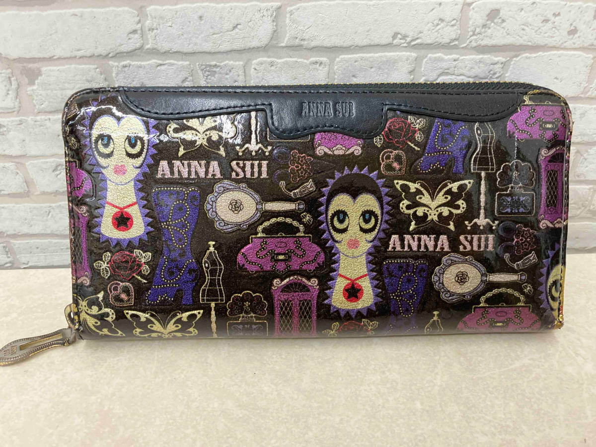 ANNA SUI アナスイ 長財布 ラウンドジップ レディース ウォレット 総柄 ブラック×パープル×ゴールド_画像1