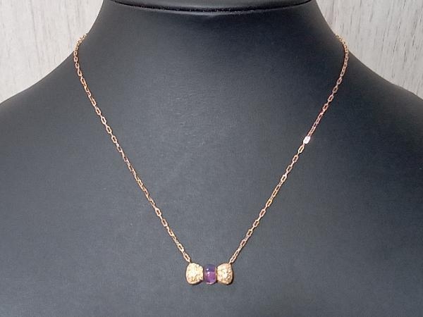 輝く高品質な 【リボンモチーフ】K18/ダイヤ0.22ct/41cm/3.9g イエローゴールド ネックレス パープルストーン 18金 イエローゴールド
