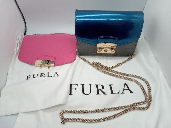 FURLA メトロポリスクロスボディ チェーンショルダーバッグ コンパクト 替えフラップ付 ブルー&ピンク フルラ 保存袋付き