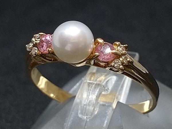 K18 18金 YG ダイヤモンド ピンク石 パールデザイン リング 指輪 イエローゴールド D0.05ct 1.7g #12.5 店舗受取可