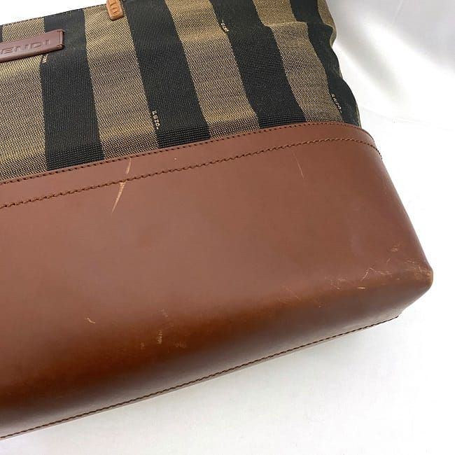 フェンディ トートバッグ カーキ ブラウン ペカン 8BH185 美品 ストライプ ナイロン レザー 中古 FENDI_画像5