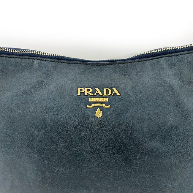 プラダ セミショルダー バッグ ブルー ゴールド 肩掛け レザー GP 中古 PRADA ロゴ ファスナー ワンショルダー_画像7