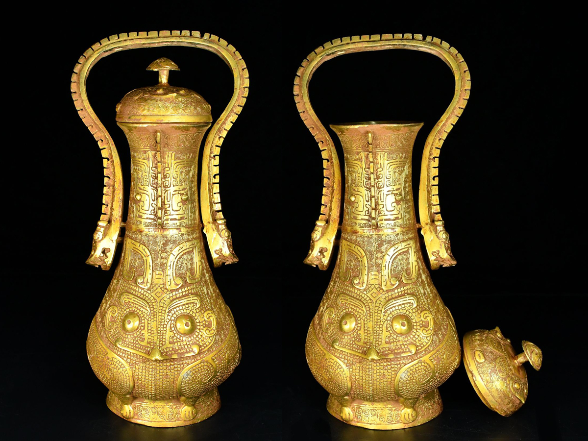 ◆御泓軒◆『戦国・館蔵珍品・青銅器・鍍金 提梁瓶』極細工・古賞物・中国古玩・中国古美術