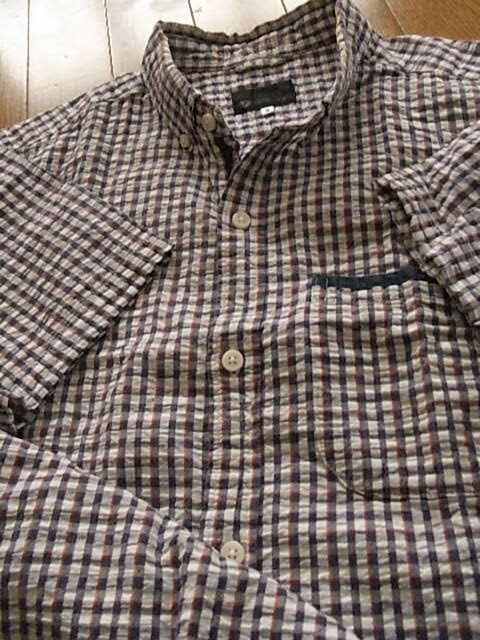 TKミクスパイス（タケオキクチ）かっこいい半袖ドレスシャツ　ホワイト＆パープル　チェック　サイズ３（L程度）