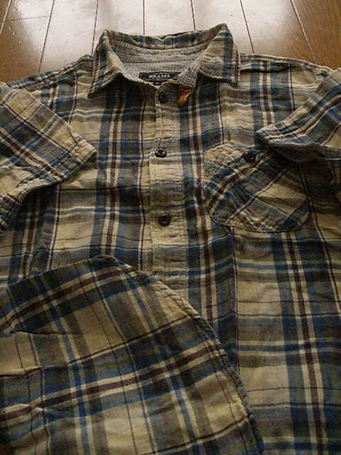 ビームス かっこいい半袖ドレスシャツ ネイビー＆ベージュ チェック サイズMの画像3