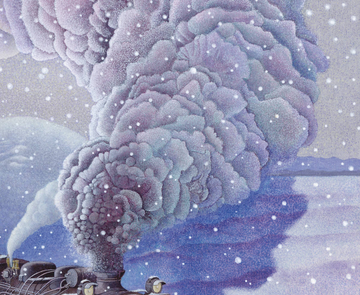 （52）真作・F3号『キマロキ編成』版画（ジークレー）キャンバス仕上　雪景色　汽車　SL　鉄道　北海道　機関車　列車　北の国から_空に躍る大きな煙（点描仕上げ）