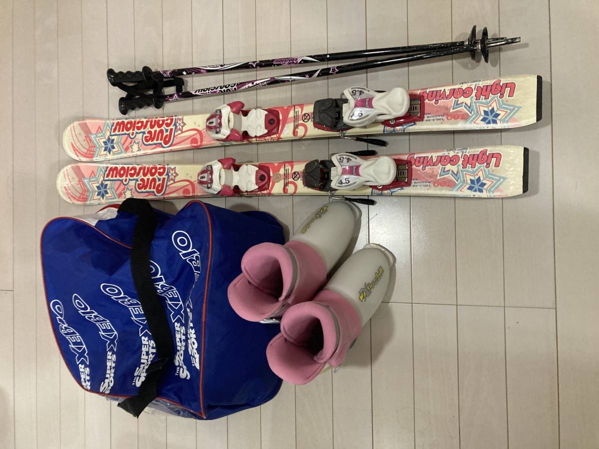 子供用スキー 女の子 スキー 100cm ビンディング ブーツ 19cm ストック セット ブーツケース付き 中古